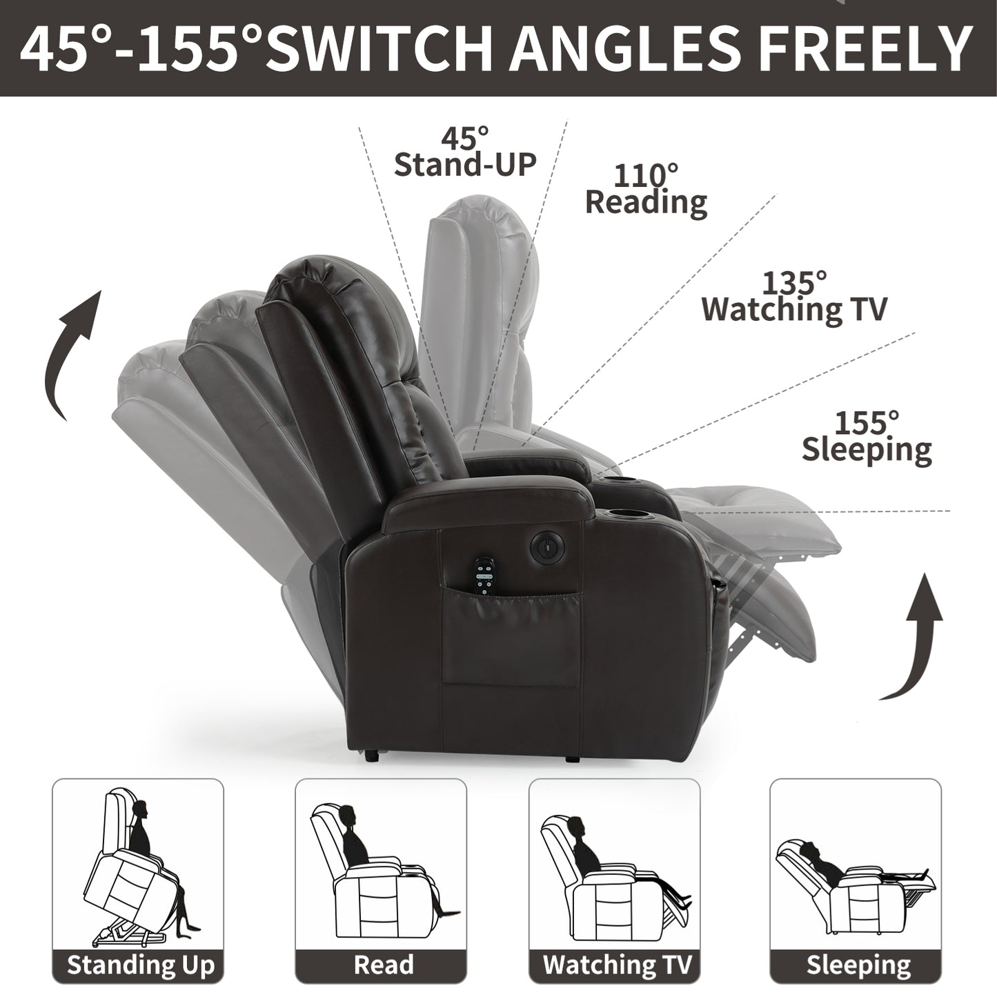 Brown recliner chair in upright position showing its plush leather and cup holders