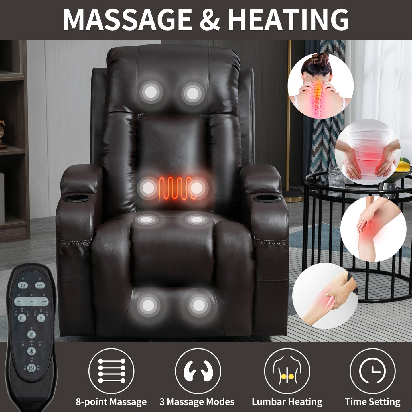 Brown leather recliner chair with point massage nodes and lumbar heating