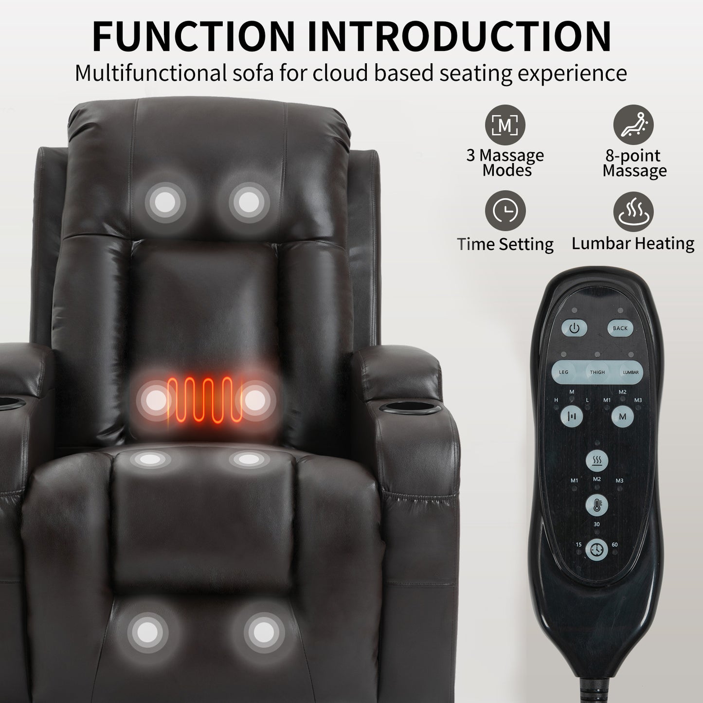 Dark brown leather recliner chair with point massage function and lumbar heating