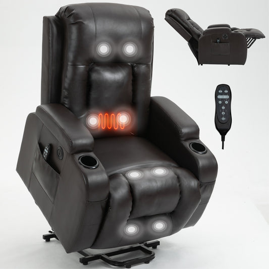Brown faux leather massage recliner with heating function and cup holders