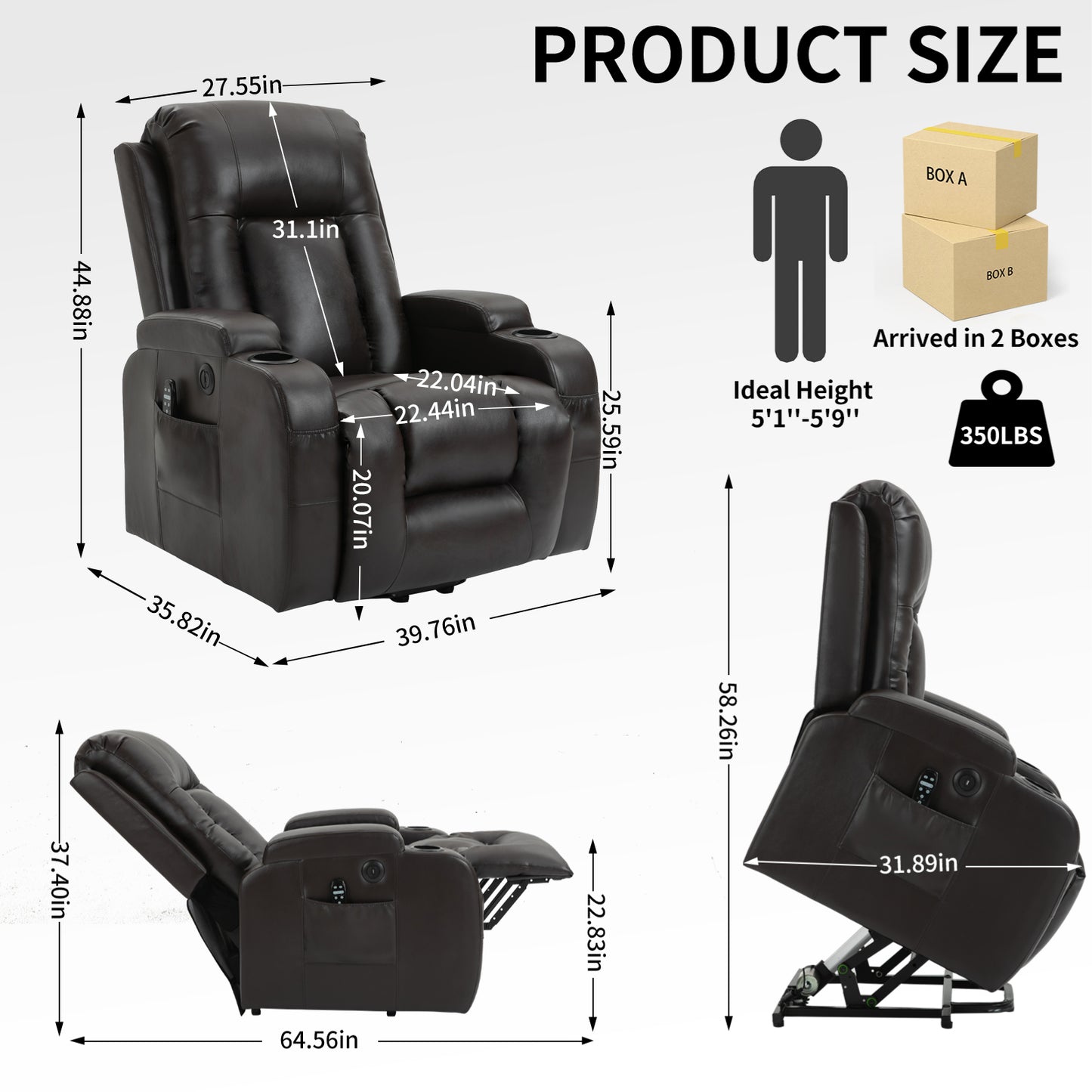 Dark brown leather recliner chair with cup holders and side pocket for living room comfort