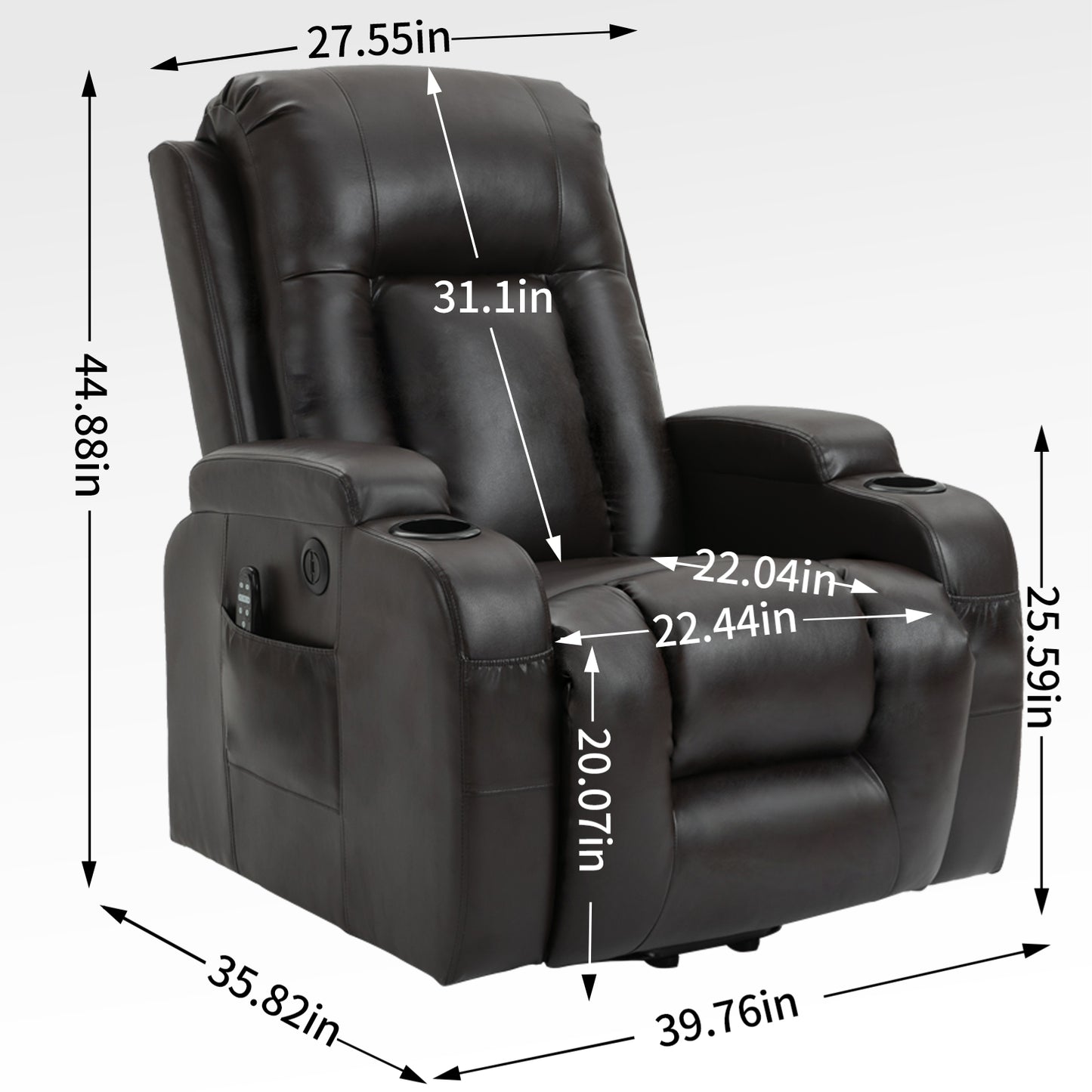 Dark brown faux leather power recliner with cup holders and side pocket