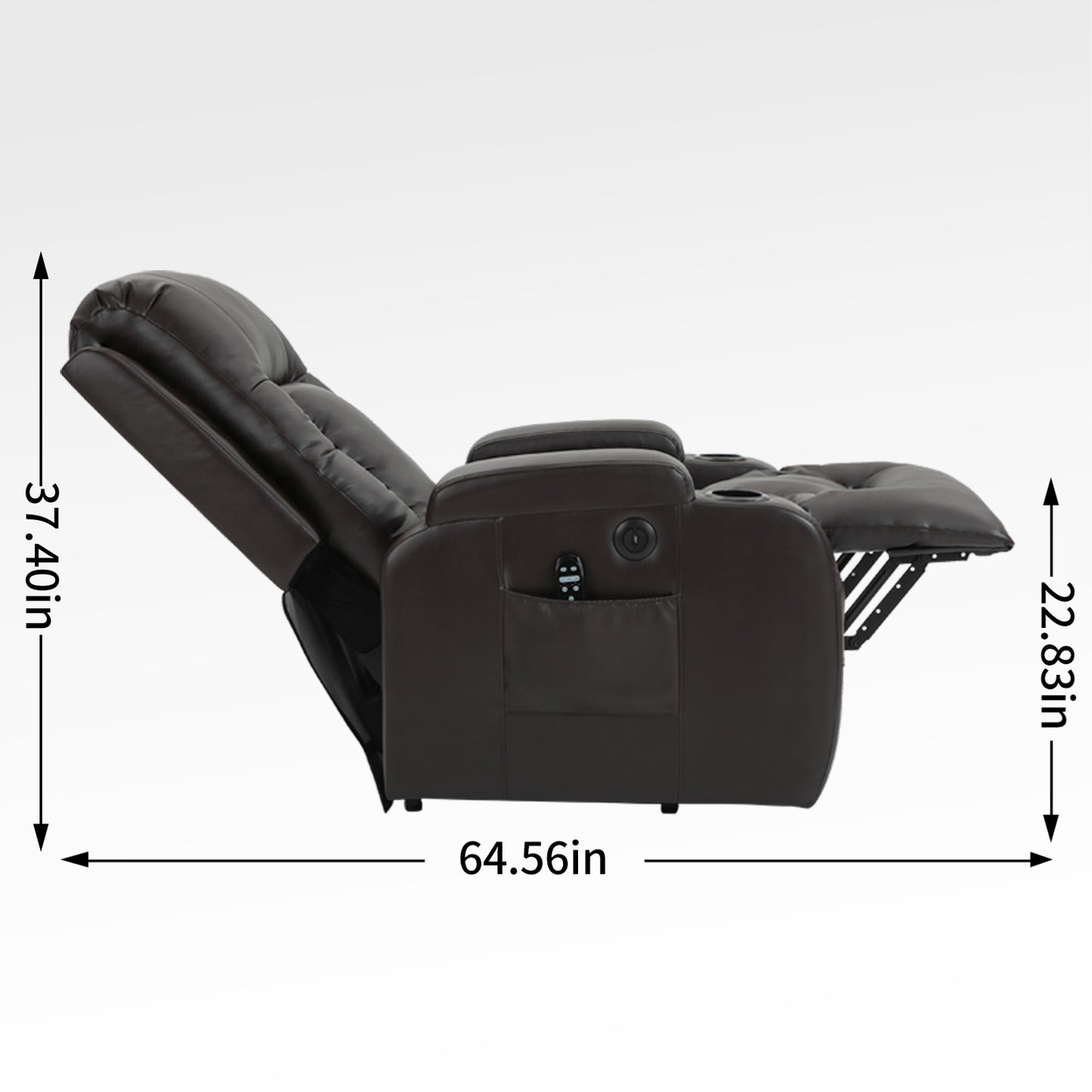 Brown leather reclining chair with cup holders and remote pocket ideal for home theater