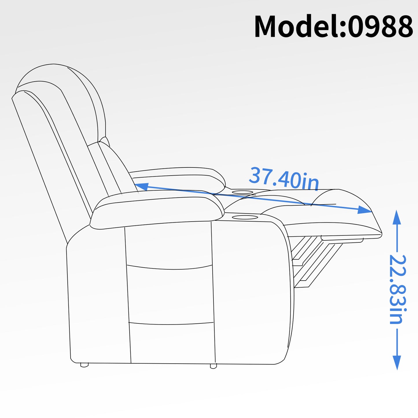 Line drawing of a recliner chair model  with dimensions in and in