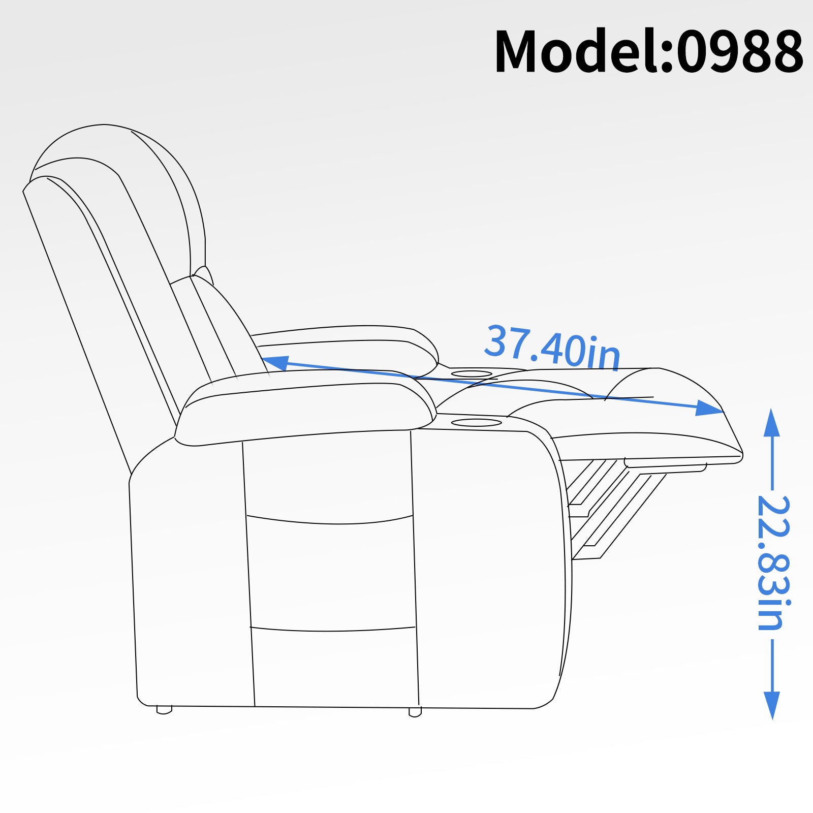 Line drawing of a recliner chair model  with dimensions in and in