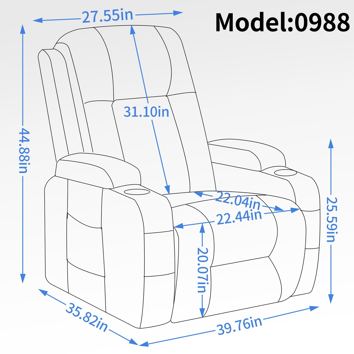 Line drawing of a recliner chair with dimensions in height in width in depth