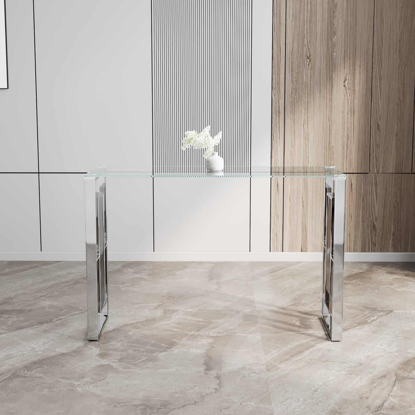 Sleek glass console table with polished chrome frame perfect for hallways