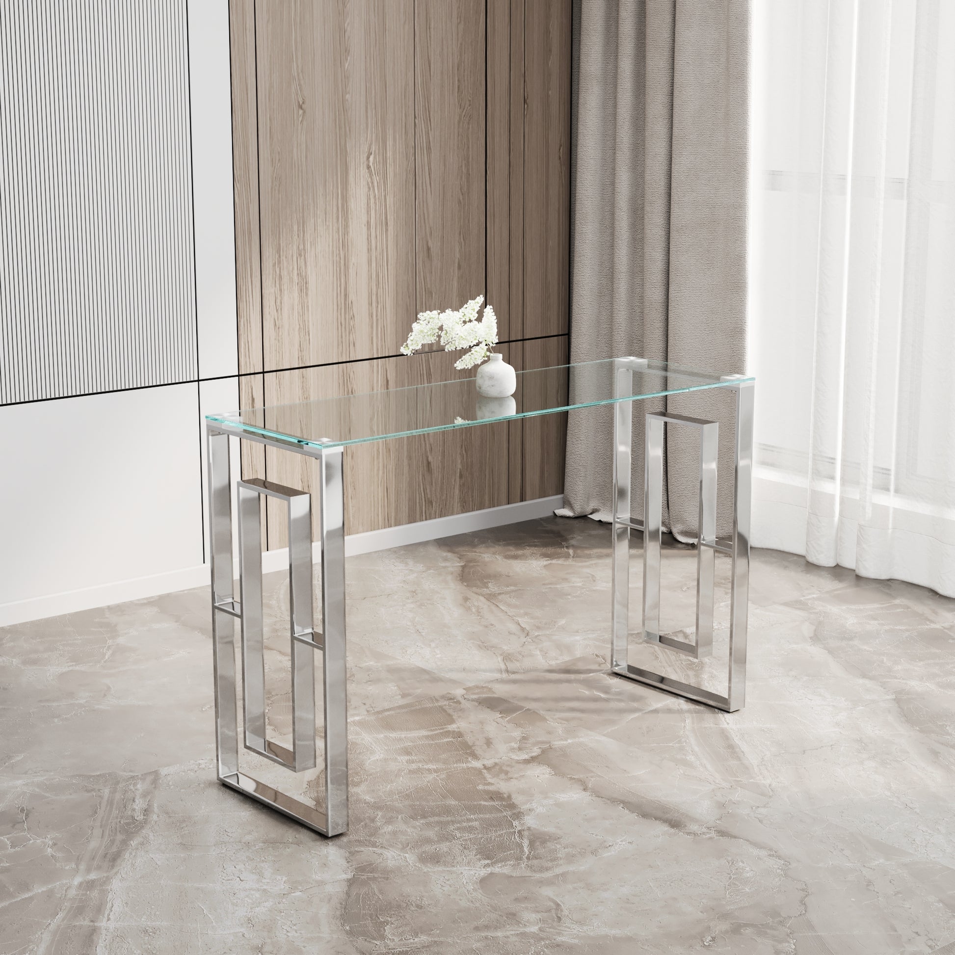 Sleek glass console table with mirrored chrome legs for modern entryways