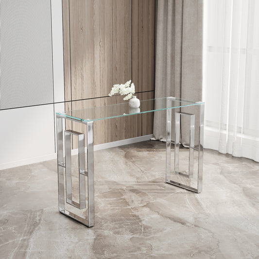 Sleek glass console table with mirrored chrome legs for modern entryways