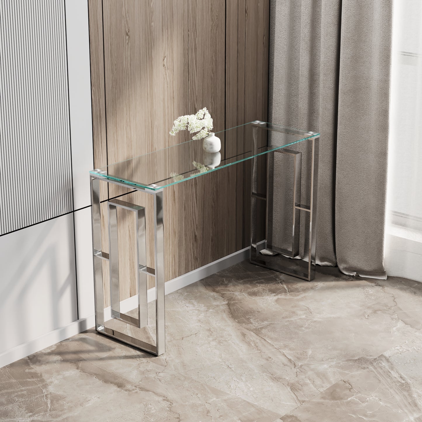 Chrome and glass console table with geometric legs modern entry table