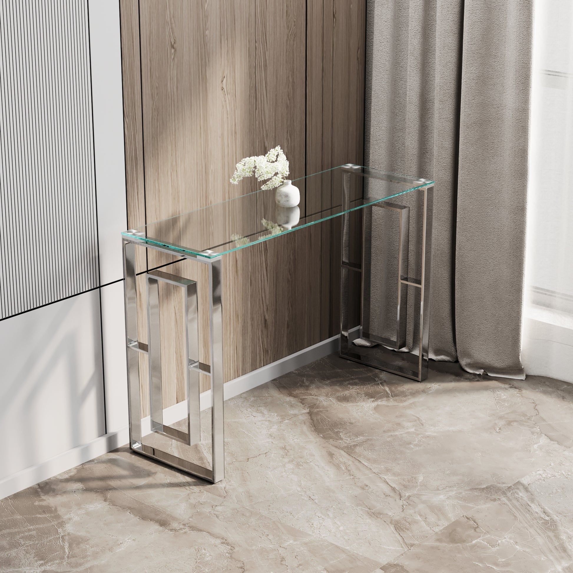 Chrome and glass console table with geometric legs modern entry table