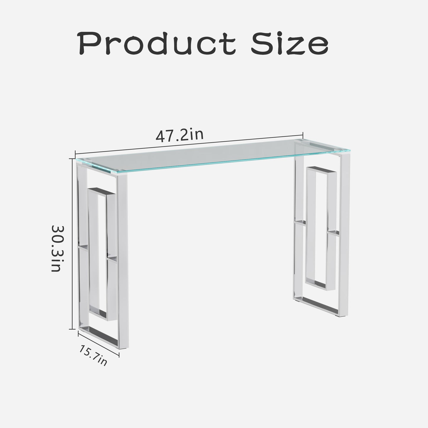 Console table with clear glass top and polished chrome frame in W x in H x in D
