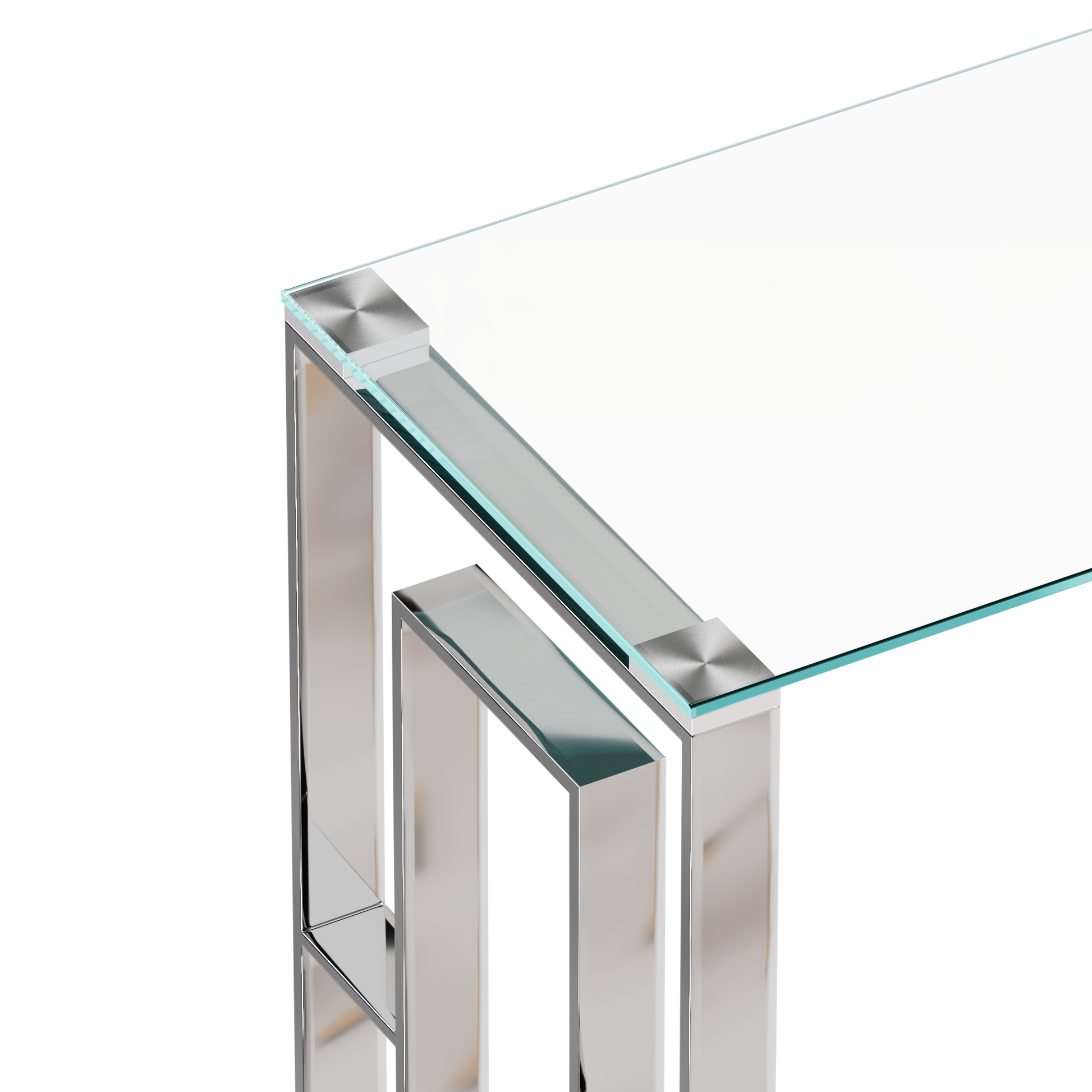 Modern console table with a clear glass top and polished chrome frame