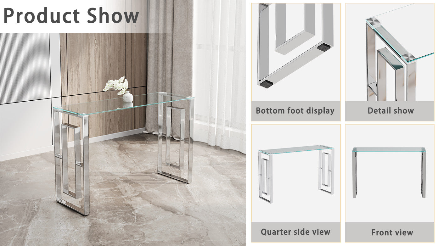 Sleek glass console table with polished chrome frame perfect for entryways