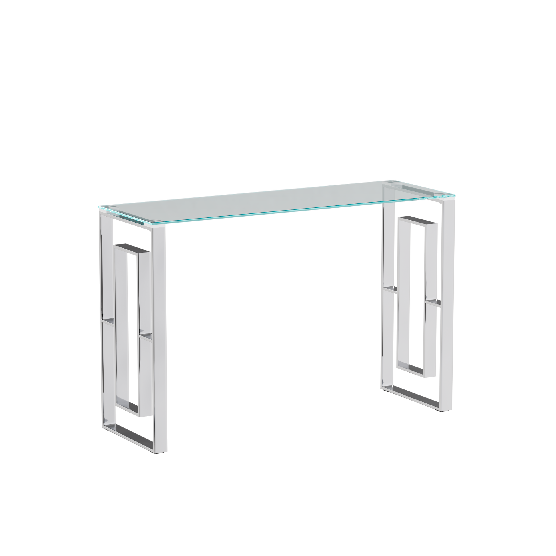 Sleek glass console table with geometric chrome legs perfect for modern entryways