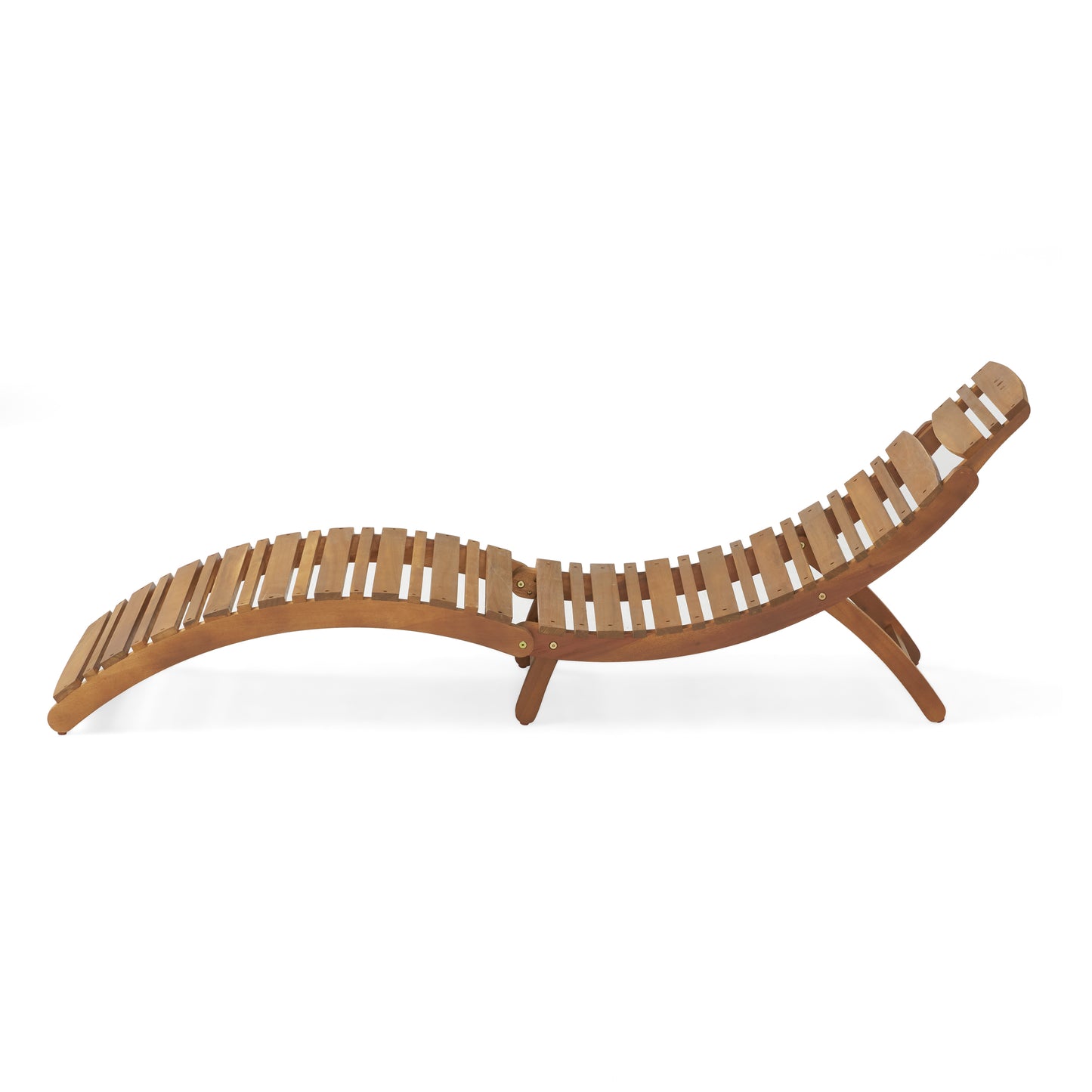 Curved wooden chaise lounge with slatted seat perfect for poolside relaxation