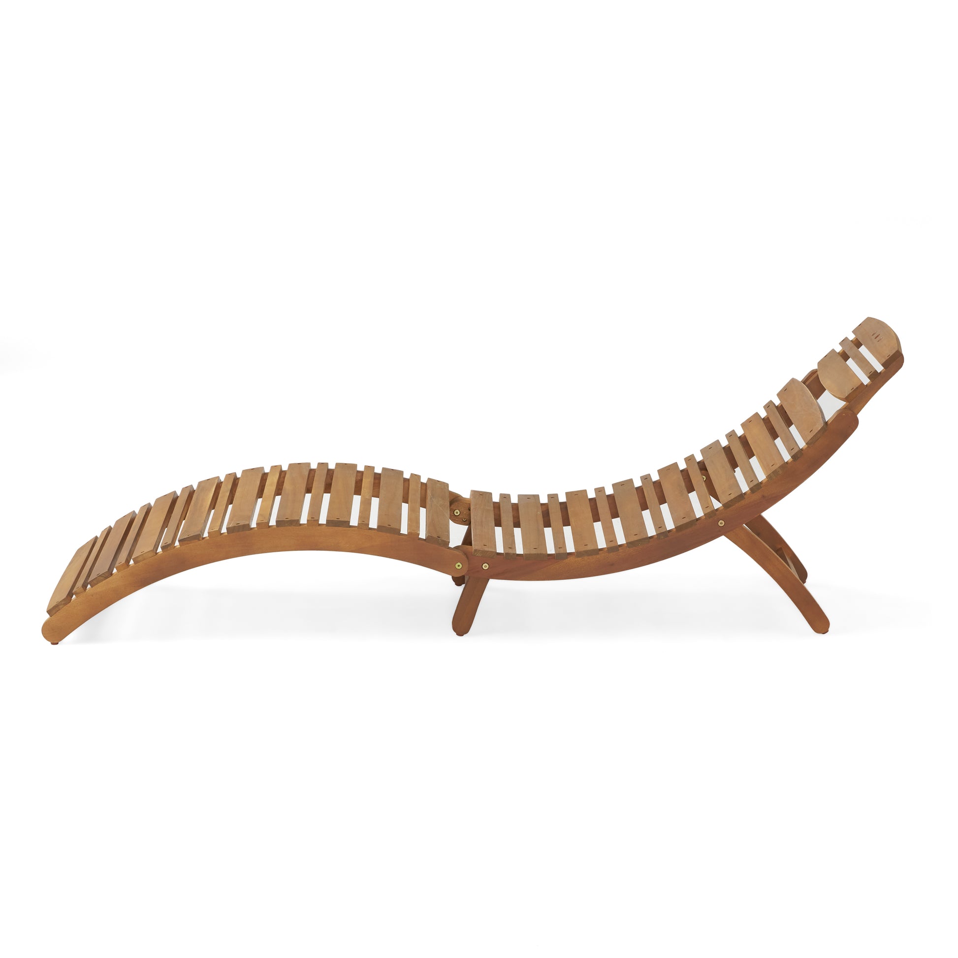 Curved wooden chaise lounge with slatted seat perfect for poolside relaxation