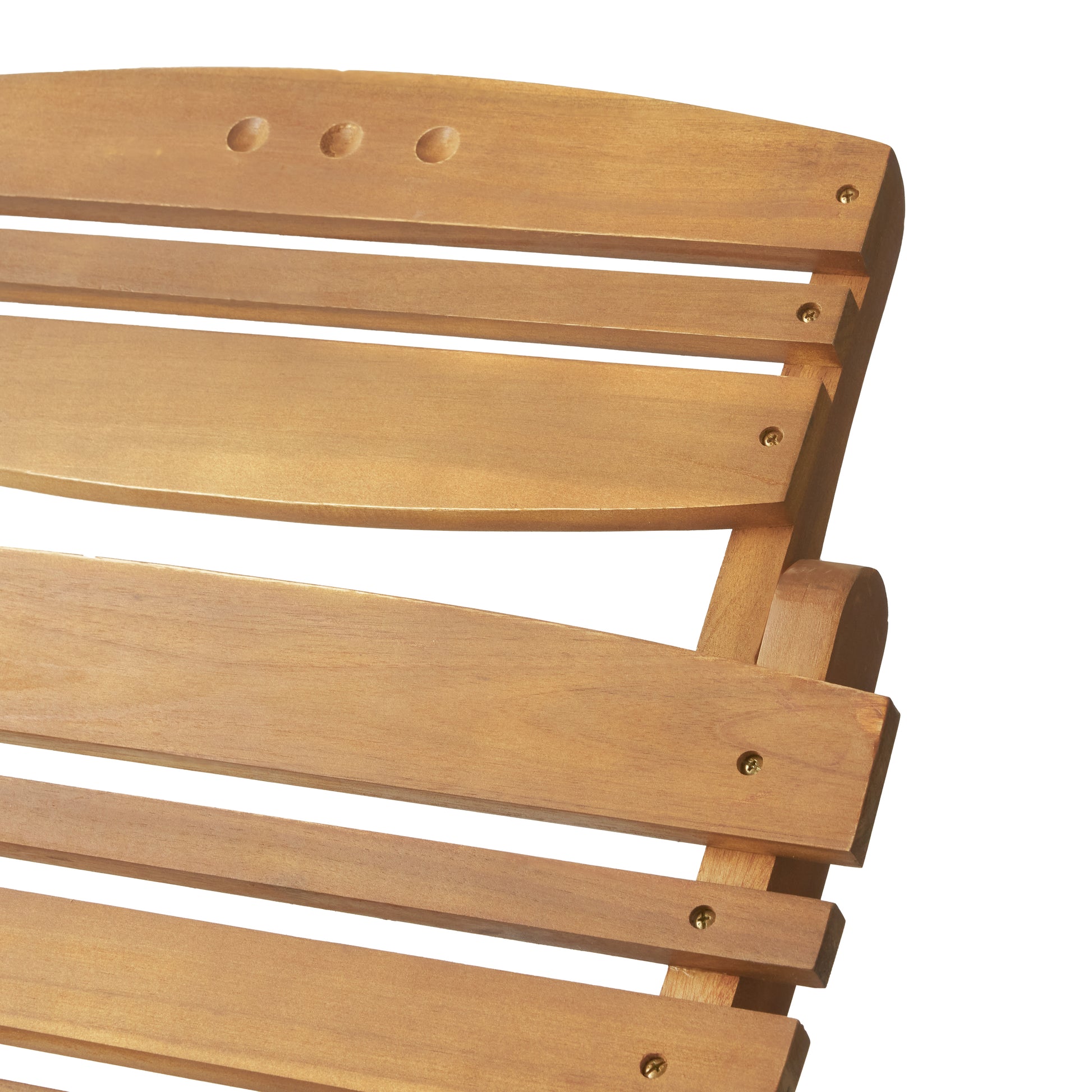 Closeup of natural wood outdoor bench slats with visible grain and brass screws