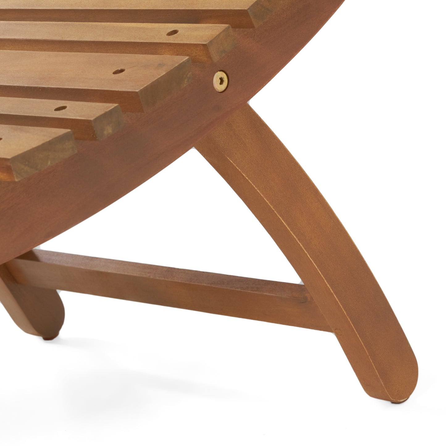 Closeup of a slatted wooden lounger frame with visible screws