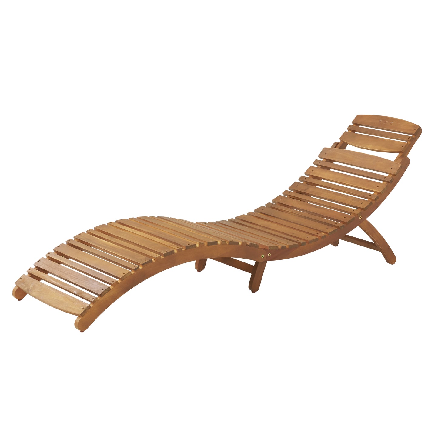 Wooden lounge chair with curved slats for outdoor relaxation