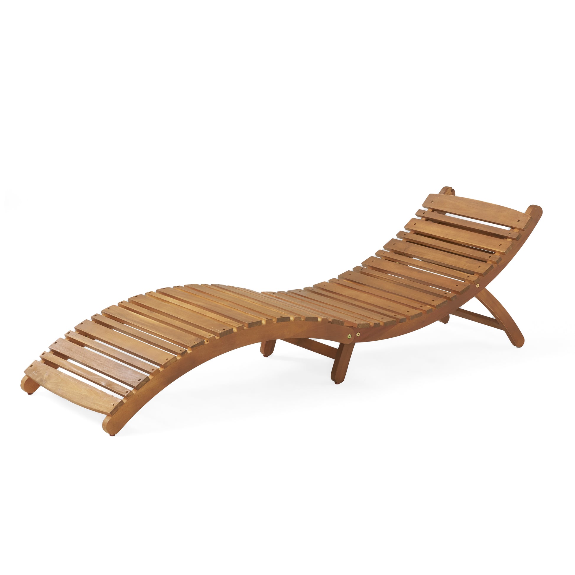 Curved wooden chaise lounge with slatted seat and adjustable back perfect for patio relaxation