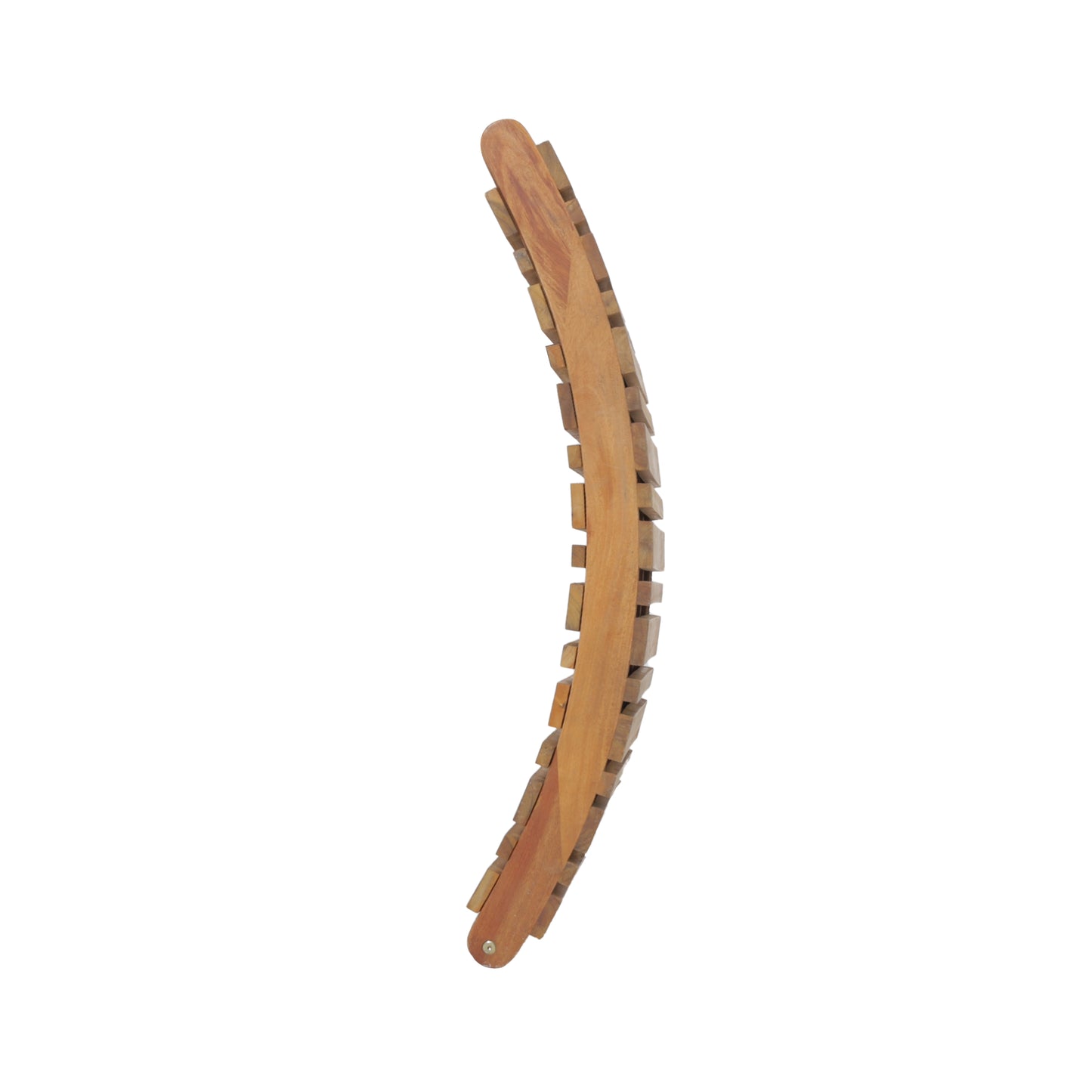 Curved wooden lounger backrest with interlocking slatted design