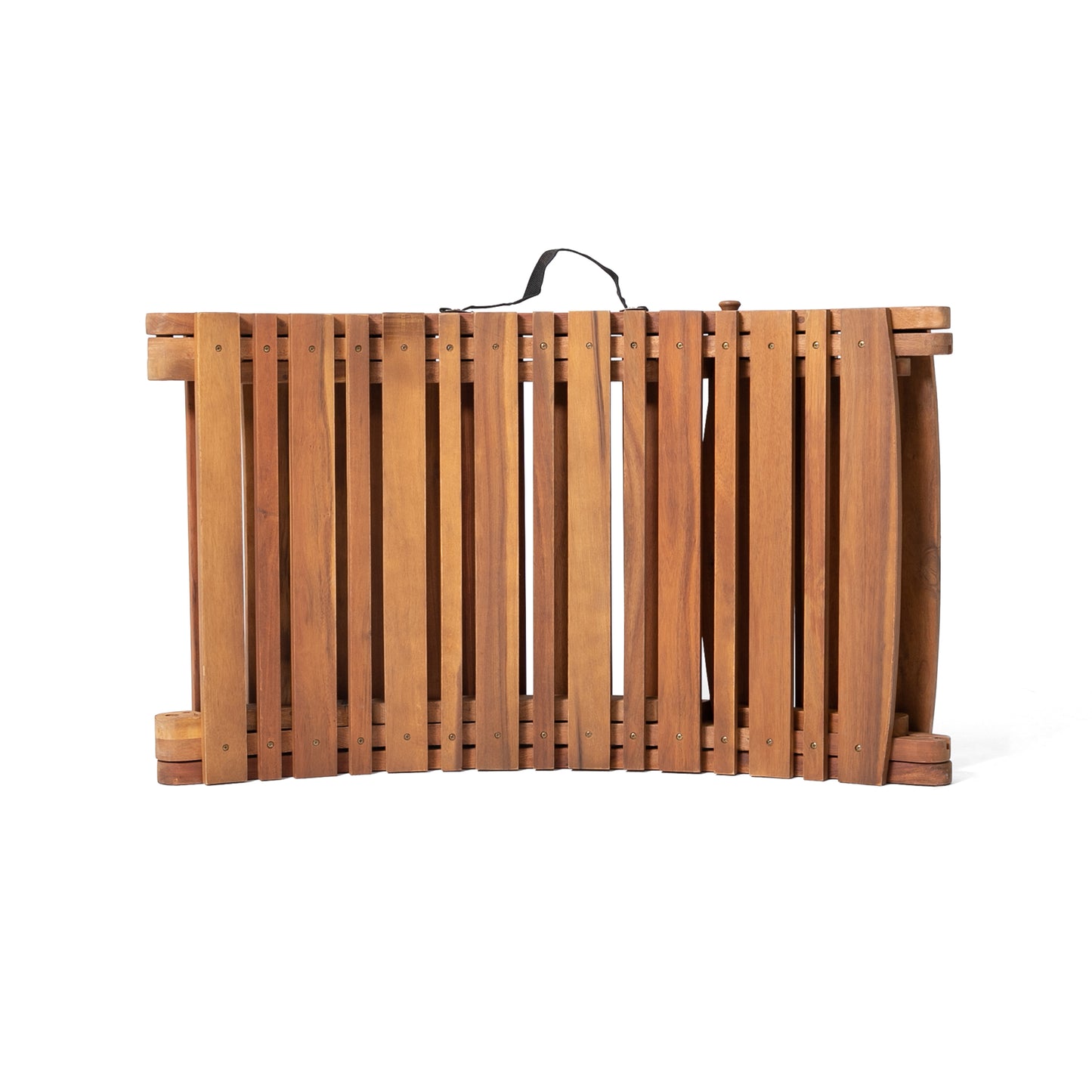 Folded wooden picnic table with a black carrying strap natural wood finish