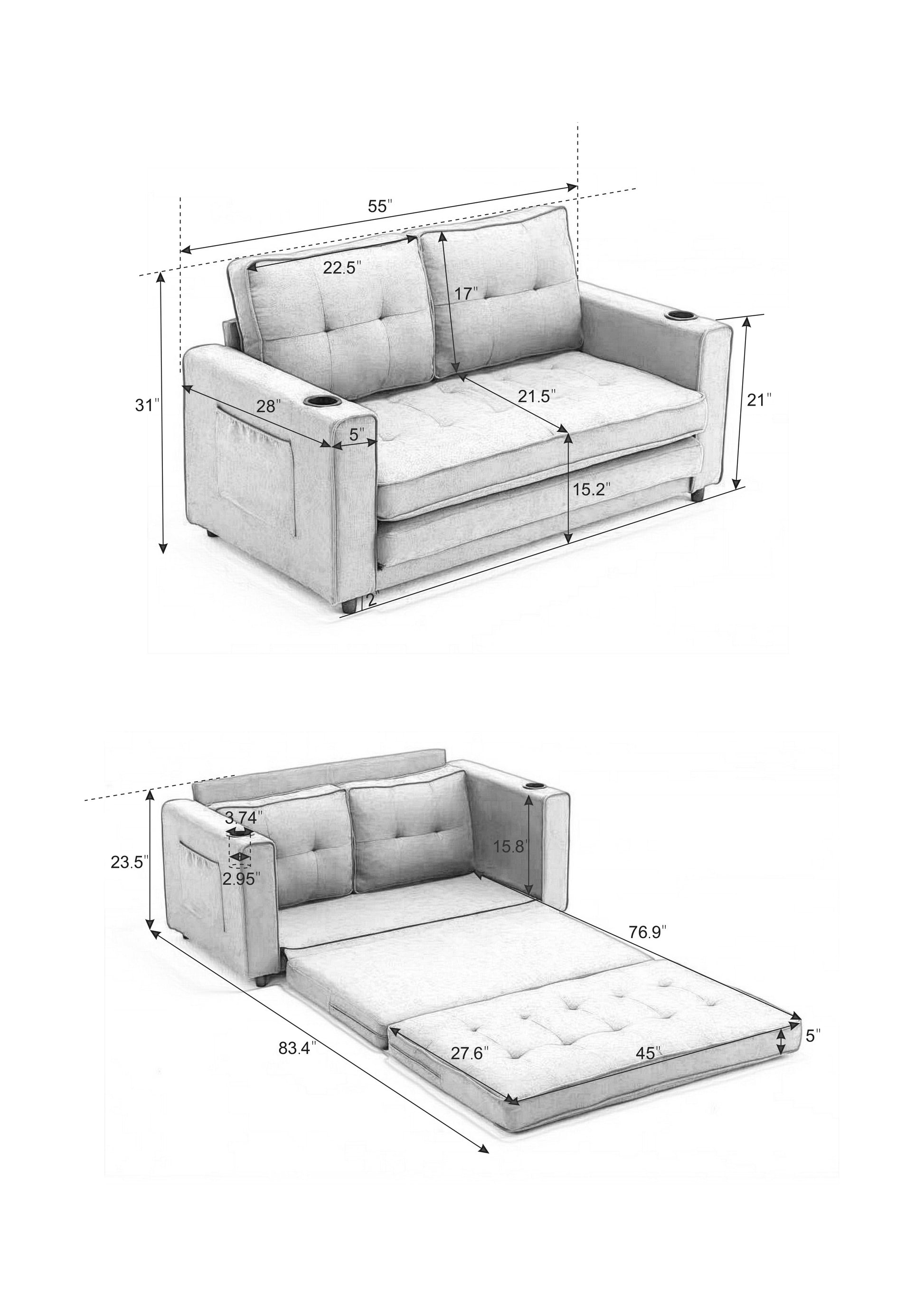 Light gray fabric sofa bed tufted cushions cup holders dimensions shown for living space