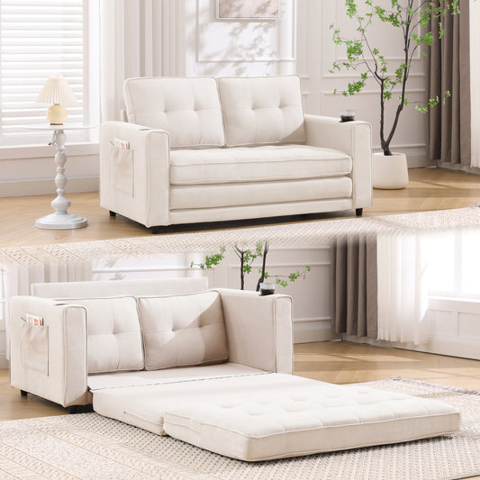 Beige tufted sofa bed with side pockets perfect for small living spaces
