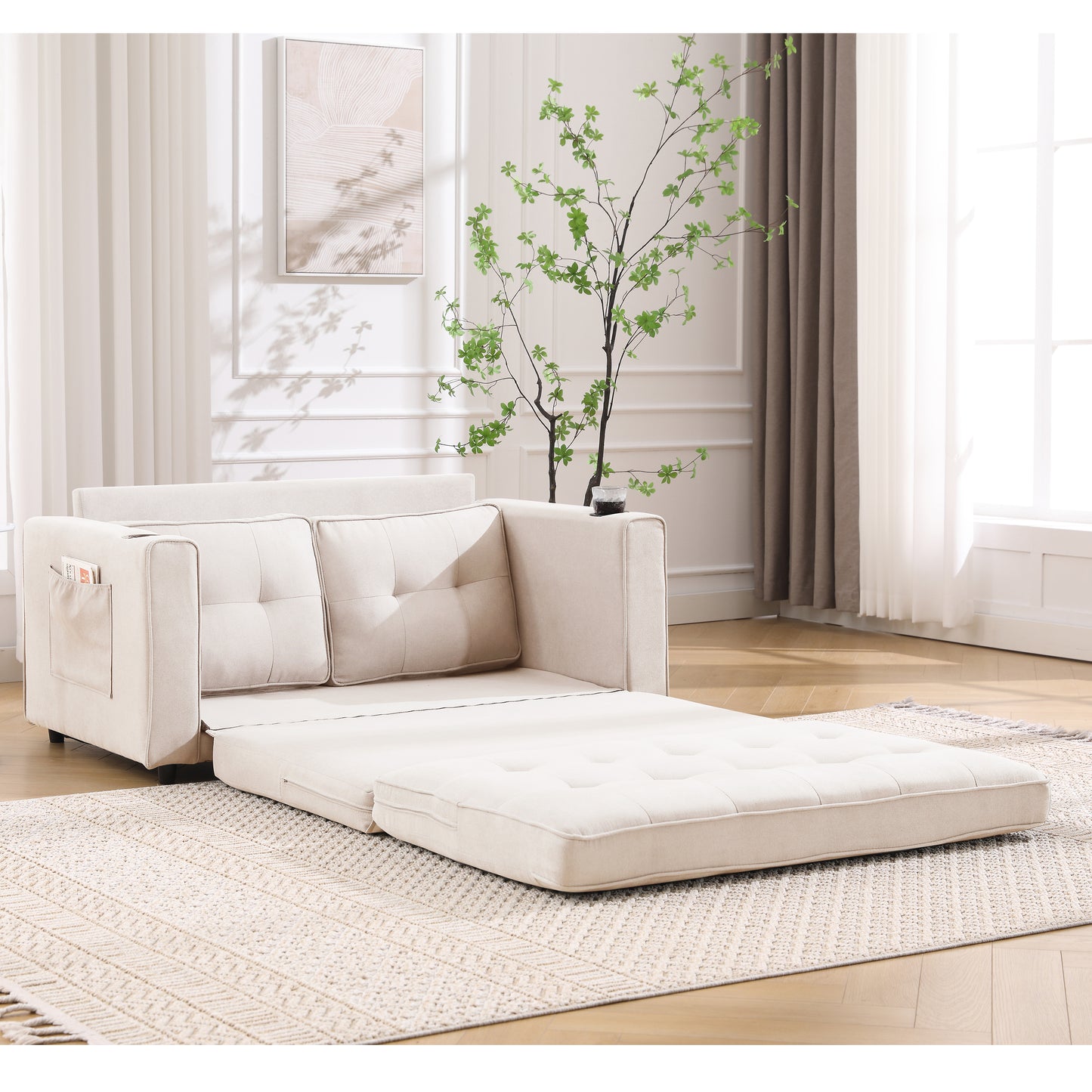 Cream linen sofa bed with tufted cushions and pullout mattress