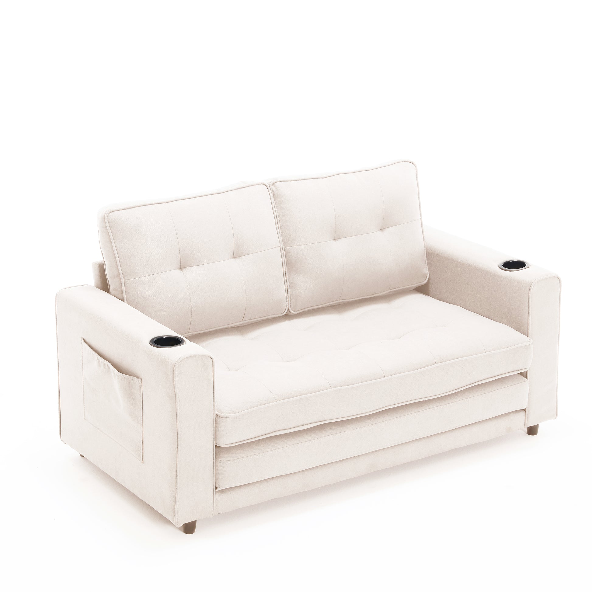 Cream tufted loveseat sofa with builtin cup holders and side pocket