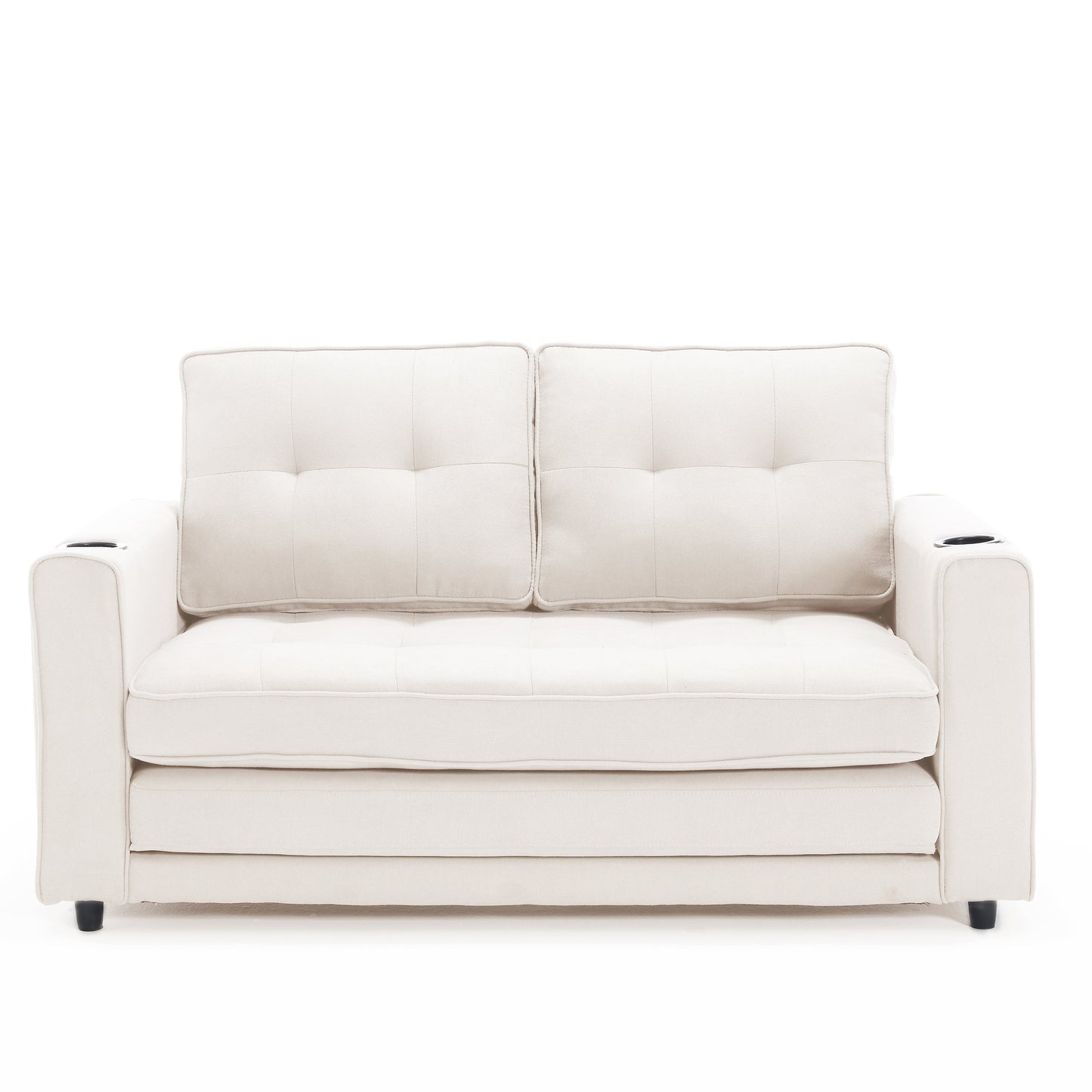Tufted beige fabric sofa with integrated cup holders for modern living room comfort