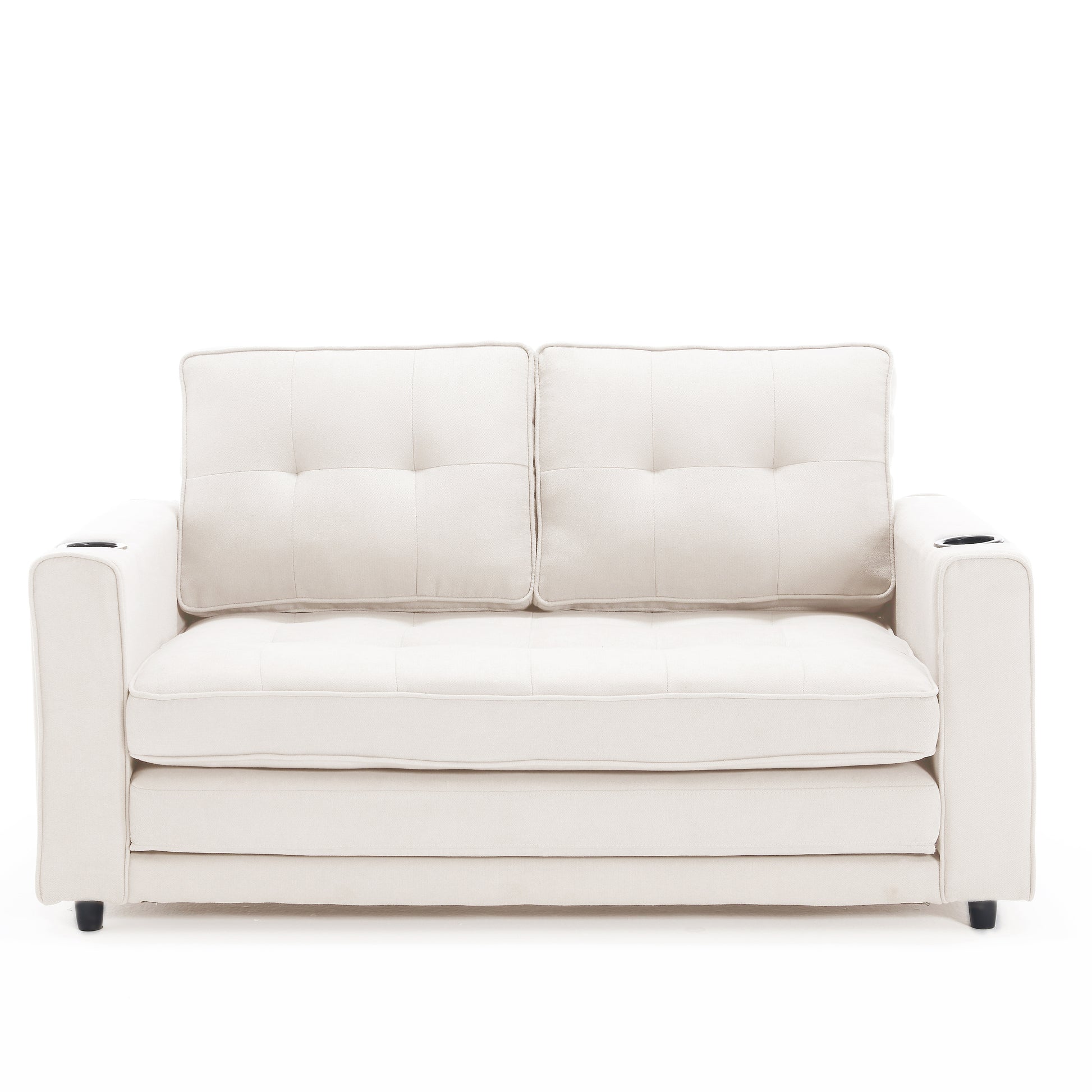 Tufted beige fabric sofa with integrated cup holders for modern living room comfort