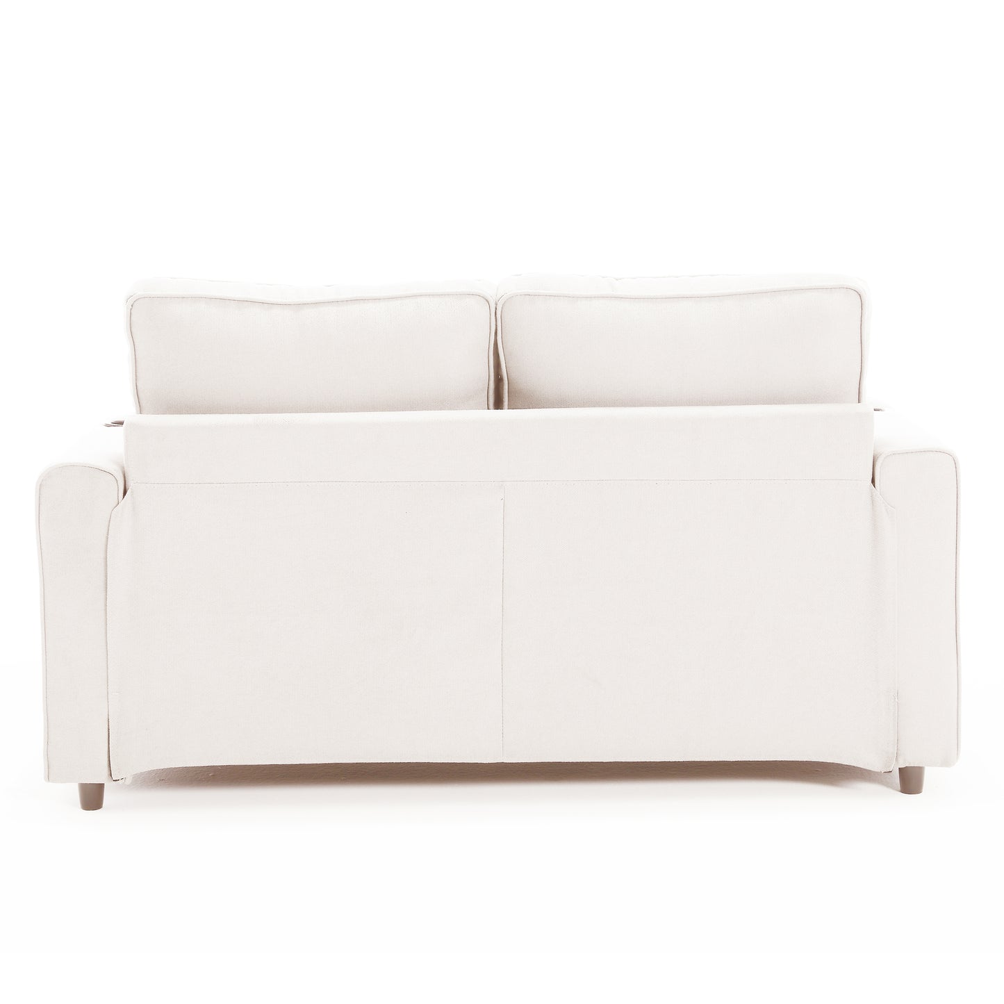 Back view of a cream linen upholstered sofa with two seat cushions and two back cushions
