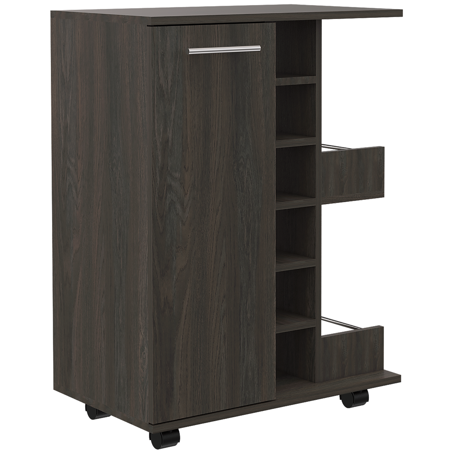 Dark wood bar cart with shelves and single door