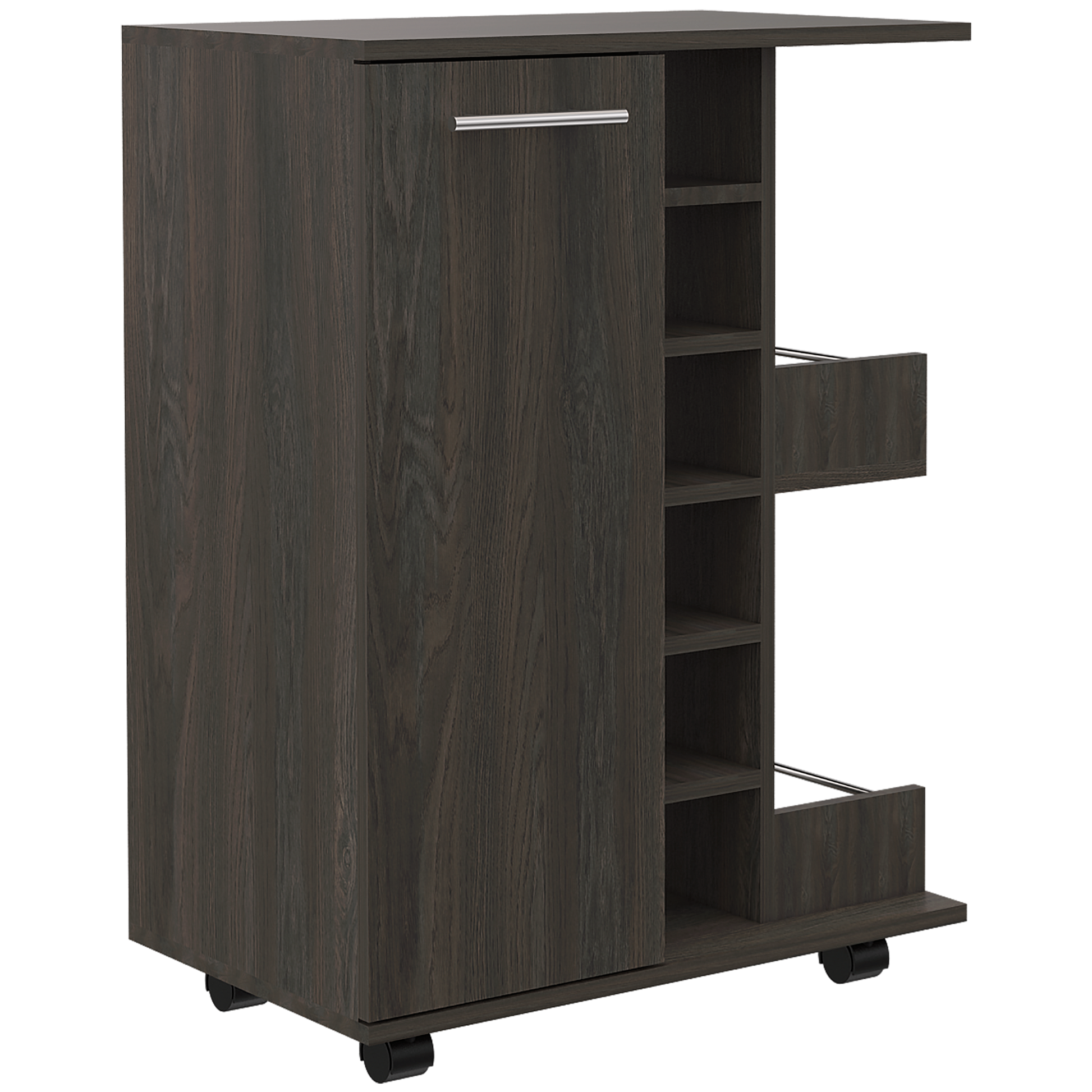 Dark wood bar cart with shelves and single door