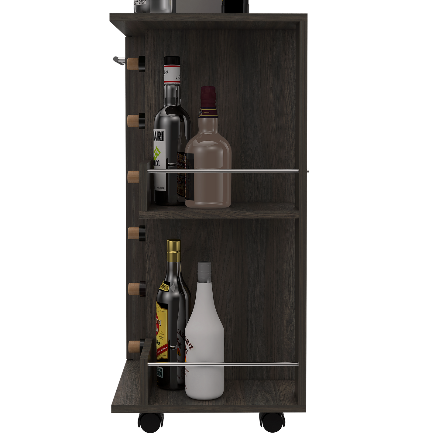 Dark wood bar cart with bottles and chrome rails