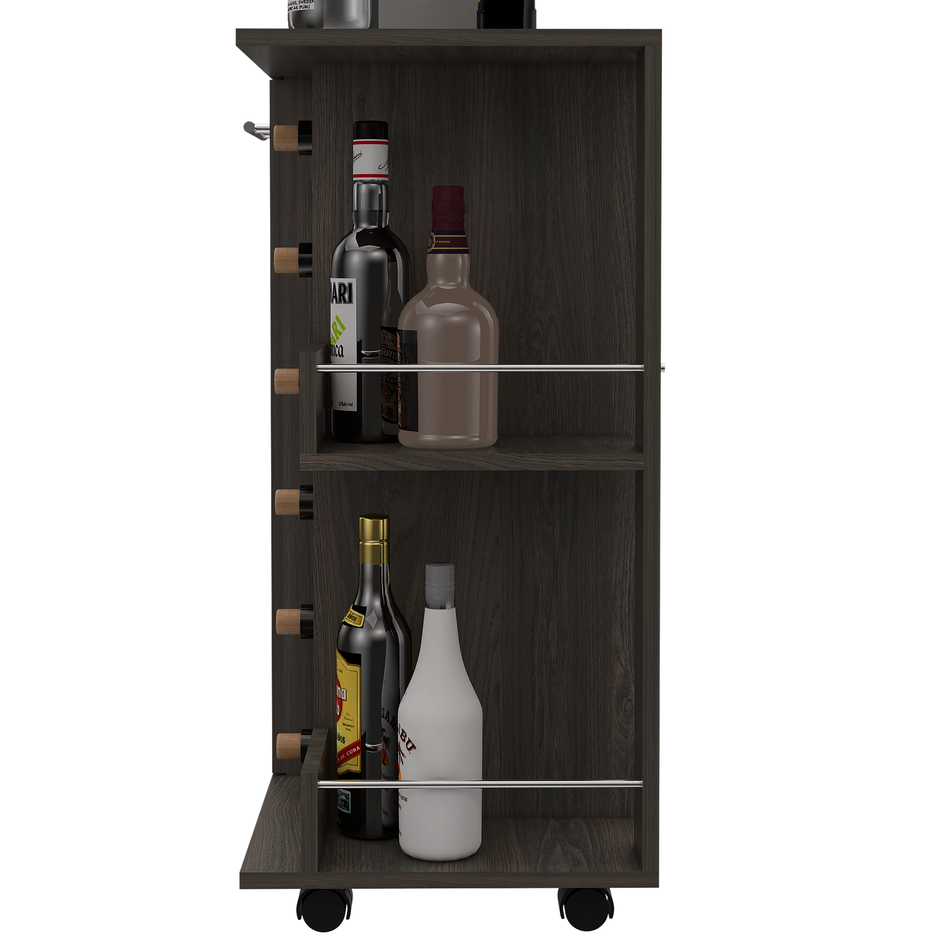 Dark wood bar cart with bottles and chrome rails