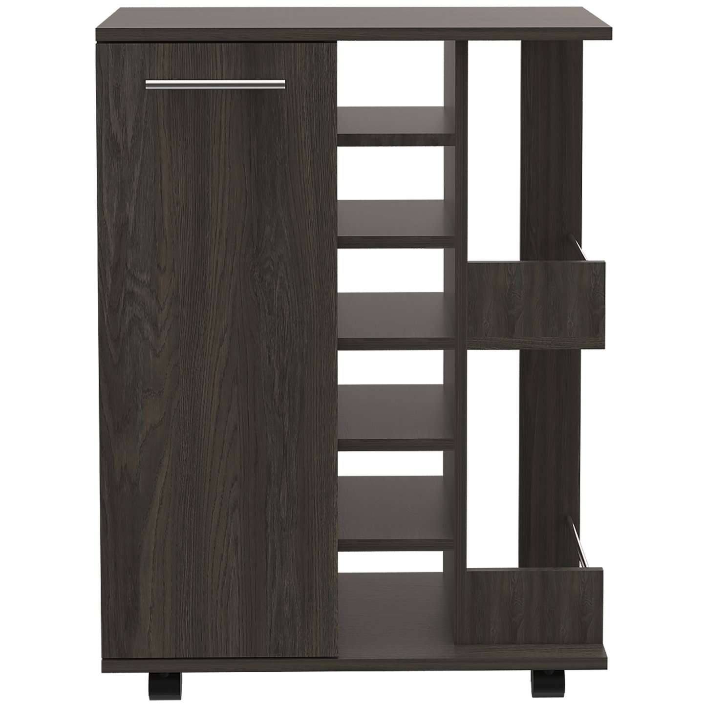 Dark wood modern shoe cabinet with sliding door and open shelves