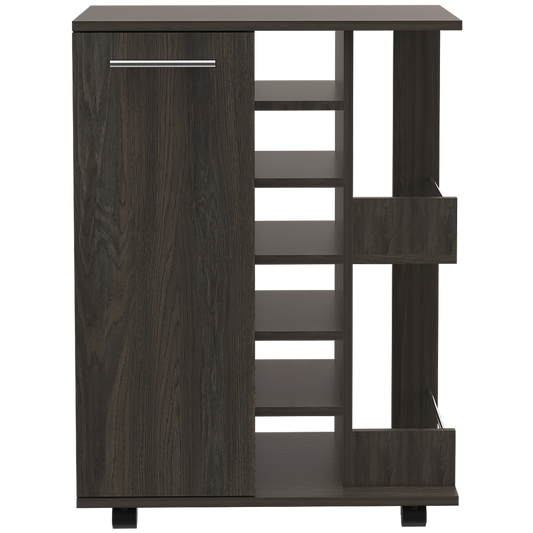 Dark wood modern shoe cabinet with sliding door and open shelves