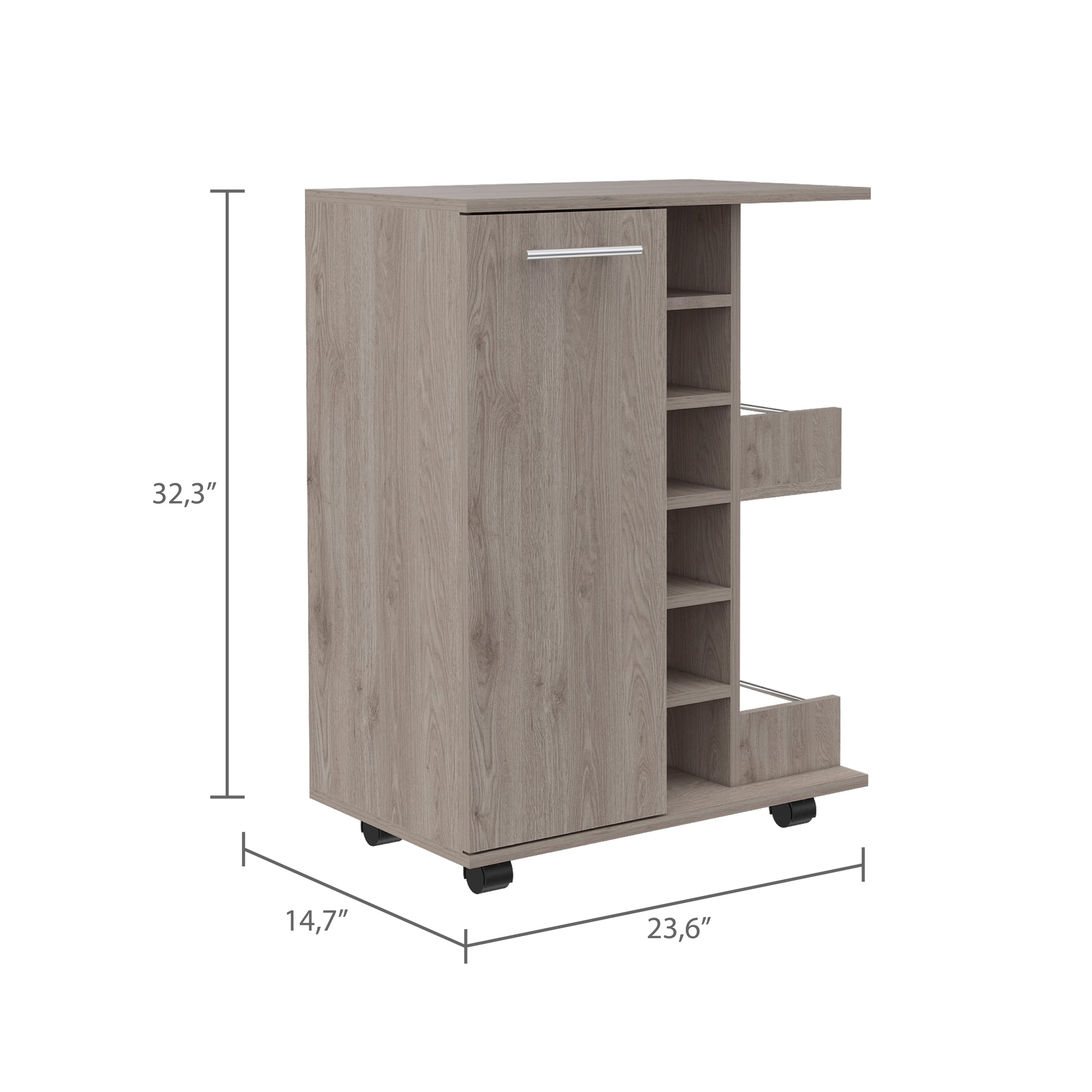 Oak rolling kitchen cart with a pullout shelf and bottle rack