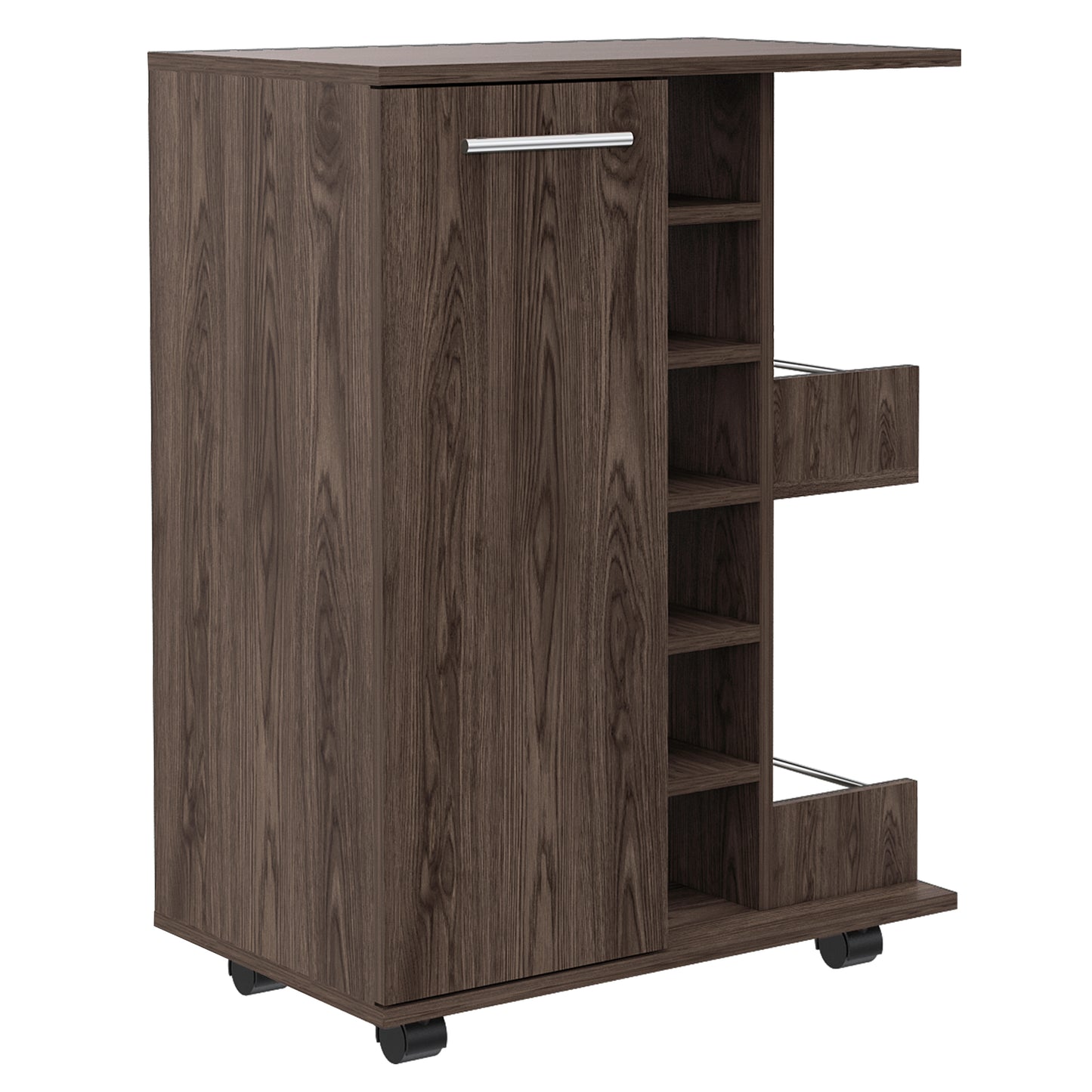 Dark brown wood bar cart with silver handle and rolling wheels