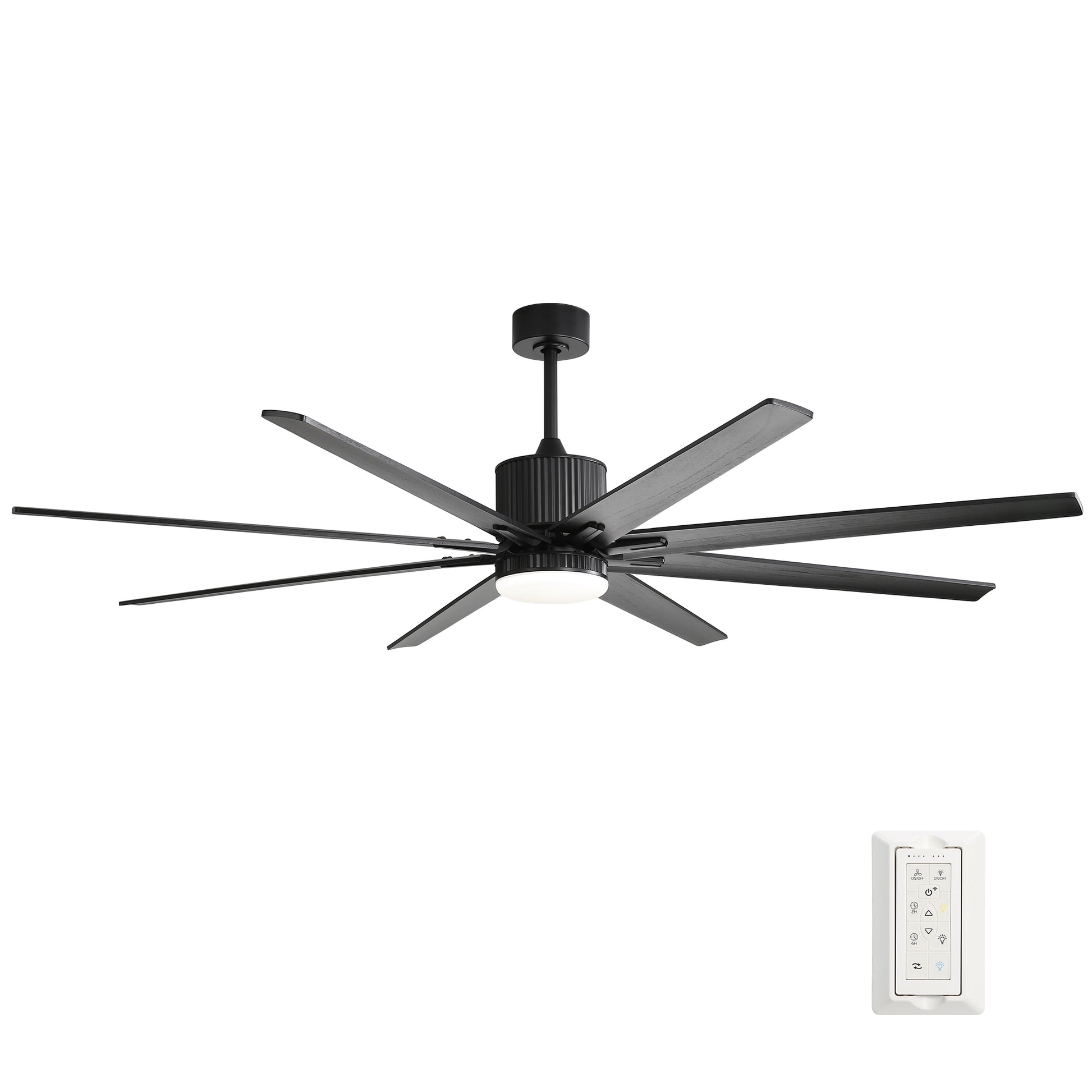 Modern black blade ceiling fan with integrated LED light and remote control