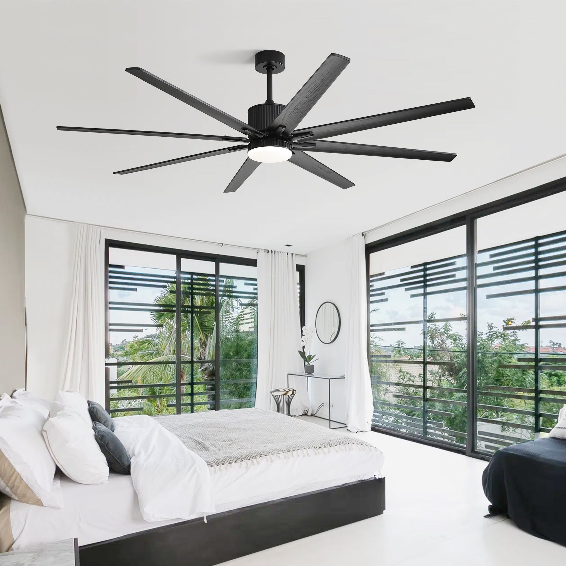 Modern black blade ceiling fan with integrated LED light for bedroom comfort
