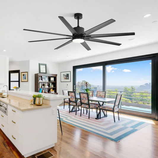 Modern black blade ceiling fan with integrated LED light perfect for spacious living areas