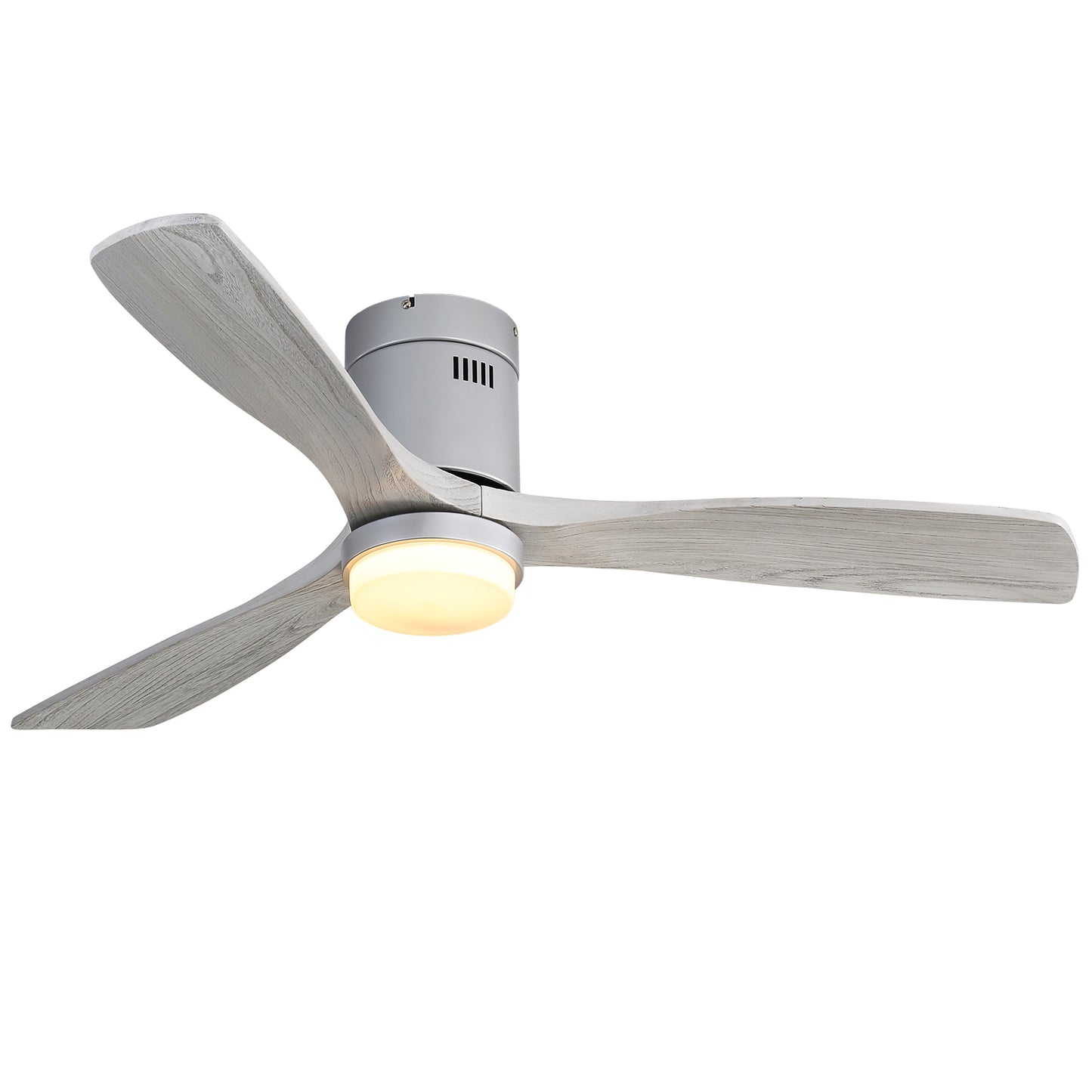 Modern gray ceiling fan with integrated LED light and weathered wood blades
