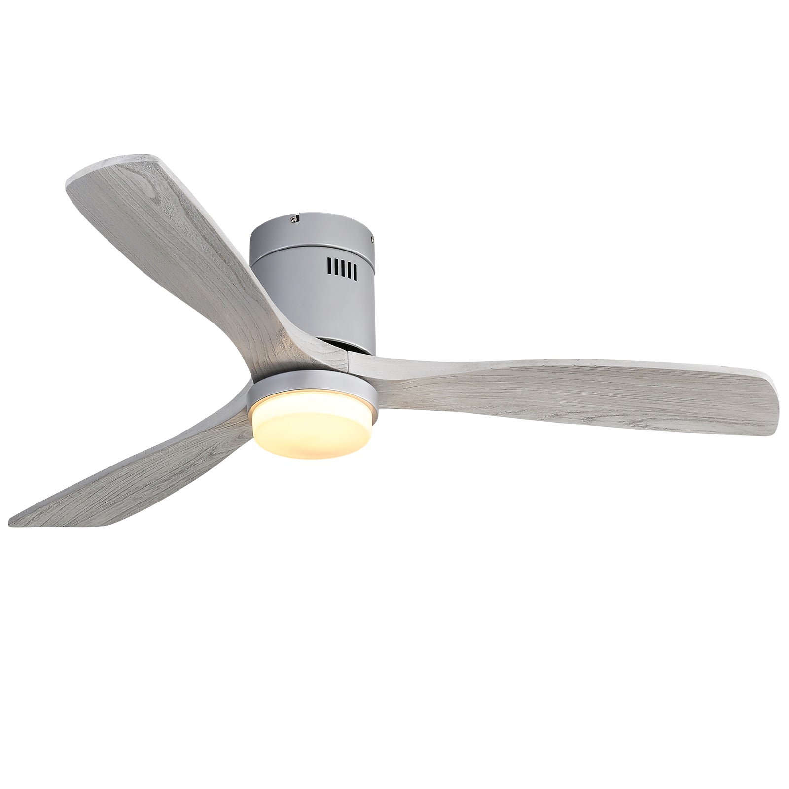 Modern gray ceiling fan with integrated LED light and weathered wood blades