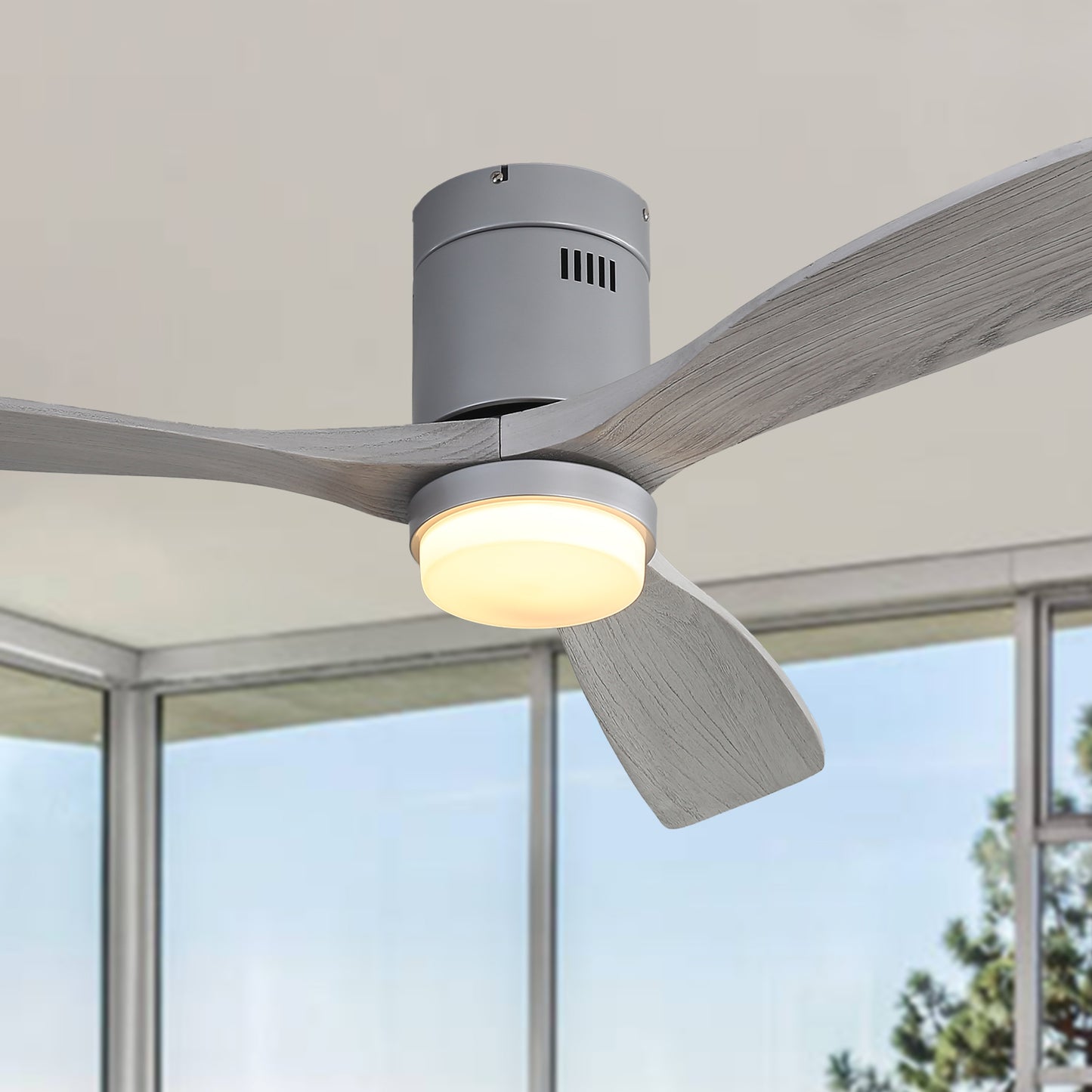 Modern grey ceiling fan with woodgrain blades and integrated LED light