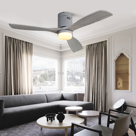 Modern gray ceiling fan with integrated LED light and woodlook blades
