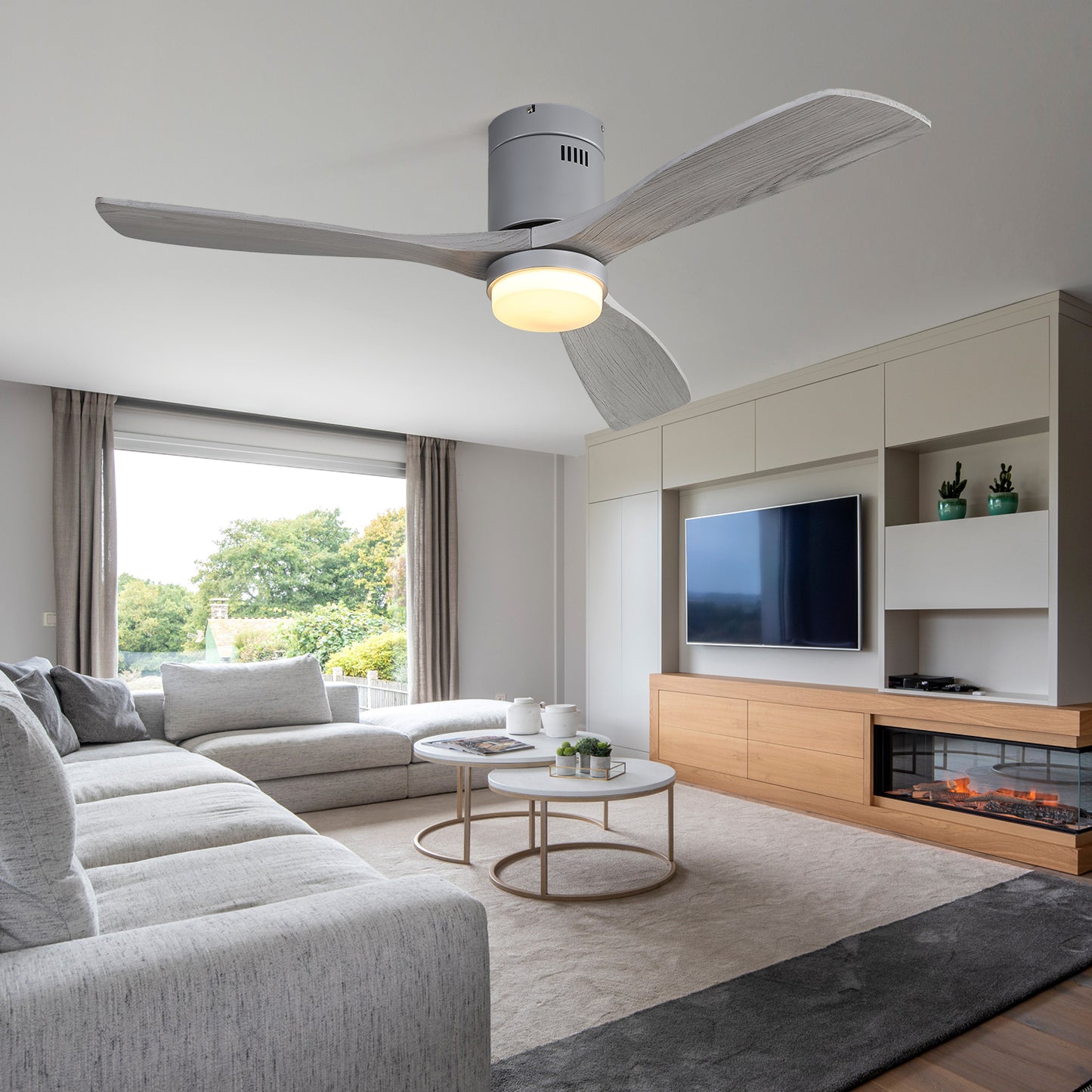 Modern gray ceiling fan with weathered wood blades and integrated LED light